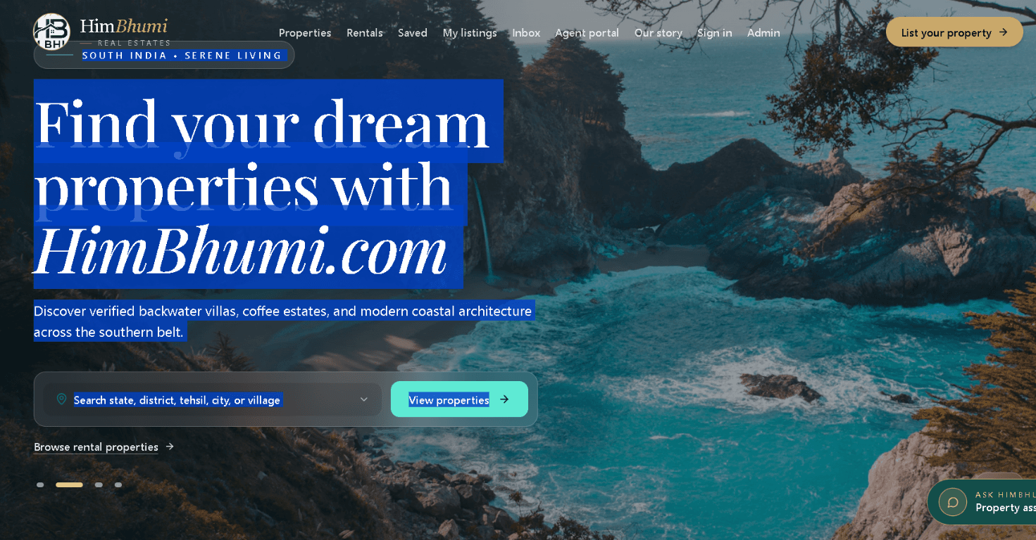Him Bhumi homepage reference showing a coastal property search experience.