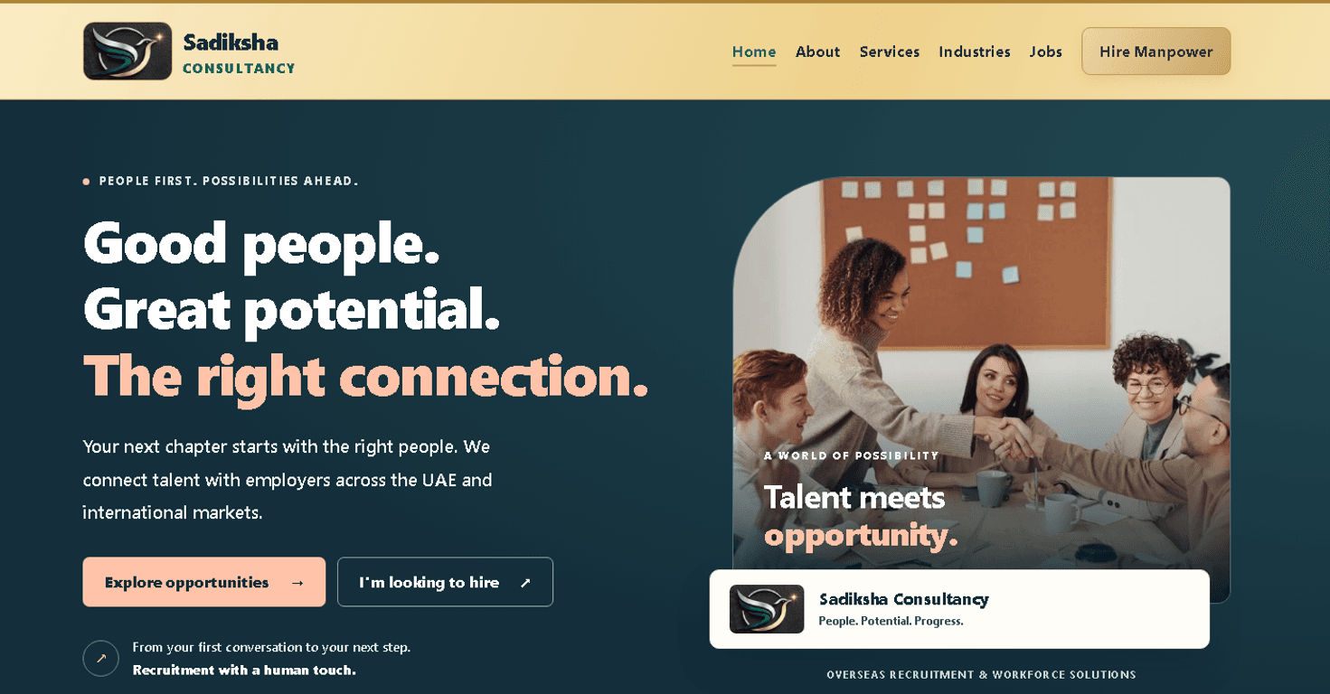 Sadiksha Consultancy homepage featuring recruitment and workforce solutions.